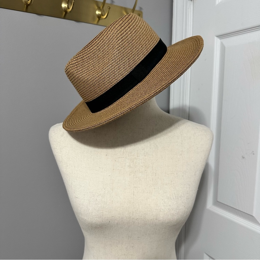 Stylish Tan Straw Hat with Black Band